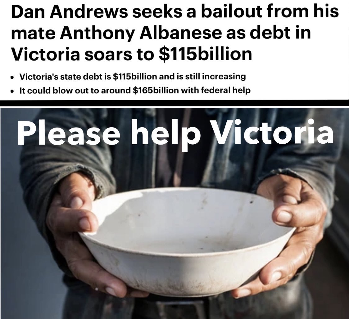 billyboi1966's tweet photo. @PRGuy17 Shouldn’t you be rattling a can for donations to bail out our old mate @DanielAndrewsMP who’s driving this state into bankruptcy? #LaborDebt #InDebtDan https://t.co/qs3Cxq3WvD