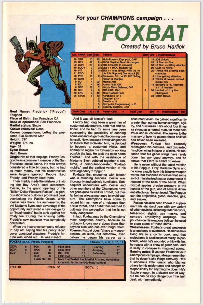 ClockworkUncle's tweet photo. CHAMPIONS (Hero, 1987) was a comic book series published to promote the CHAMPIONS TTRPG (which uses the HERO rpg system.)  The comics would frequently post the game stats of characters featured in the story. 
#RETROGAMING #TTRPGs #ttrpgcommunity #Hero #80s #RPG #comics https://t.co/bxsCPeBlBB