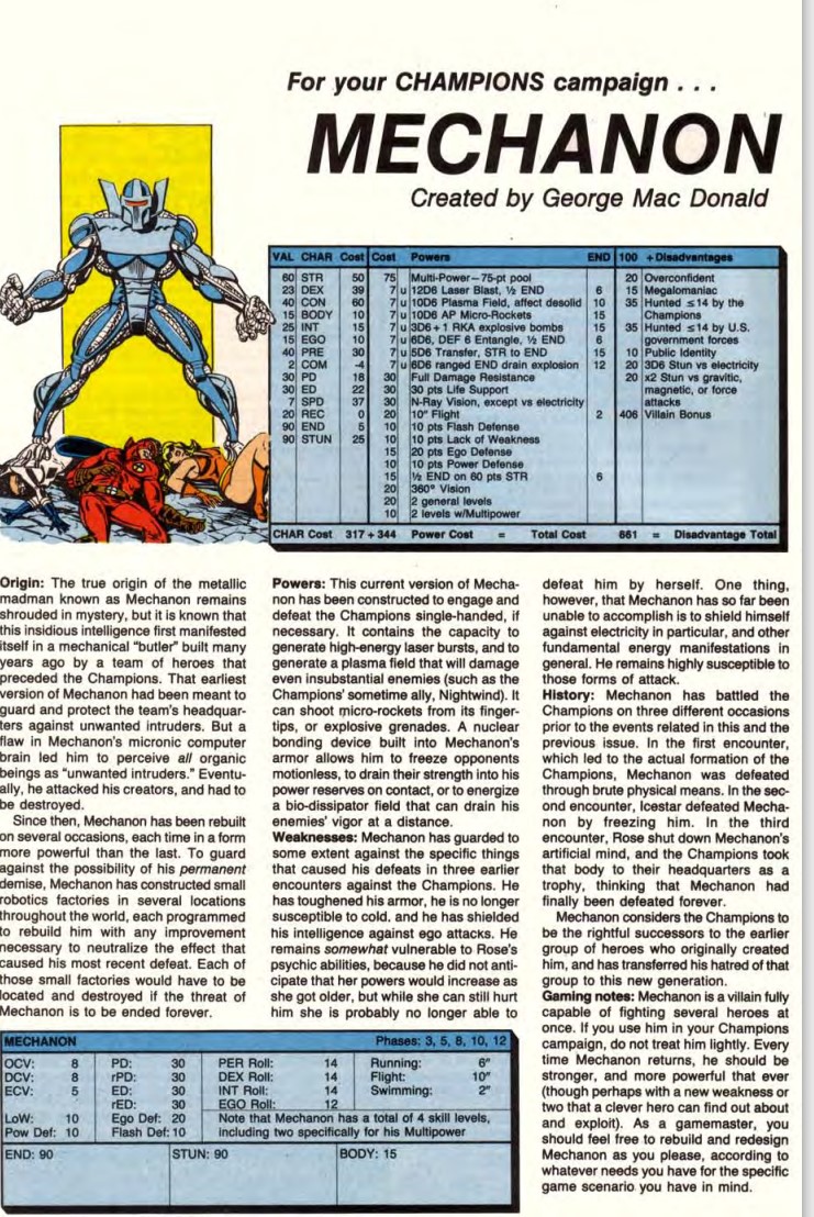 ClockworkUncle's tweet photo. CHAMPIONS (Hero, 1987) was a comic book series published to promote the CHAMPIONS TTRPG (which uses the HERO rpg system.)  The comics would frequently post the game stats of characters featured in the story. 
#RETROGAMING #TTRPGs #ttrpgcommunity #Hero #80s #RPG #comics https://t.co/bxsCPeBlBB