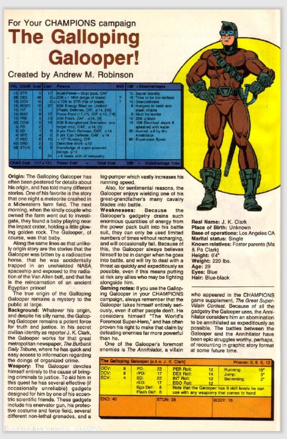 ClockworkUncle's tweet photo. CHAMPIONS (Hero, 1987) was a comic book series published to promote the CHAMPIONS TTRPG (which uses the HERO rpg system.)  The comics would frequently post the game stats of characters featured in the story. 
#RETROGAMING #TTRPGs #ttrpgcommunity #Hero #80s #RPG #comics https://t.co/bxsCPeBlBB