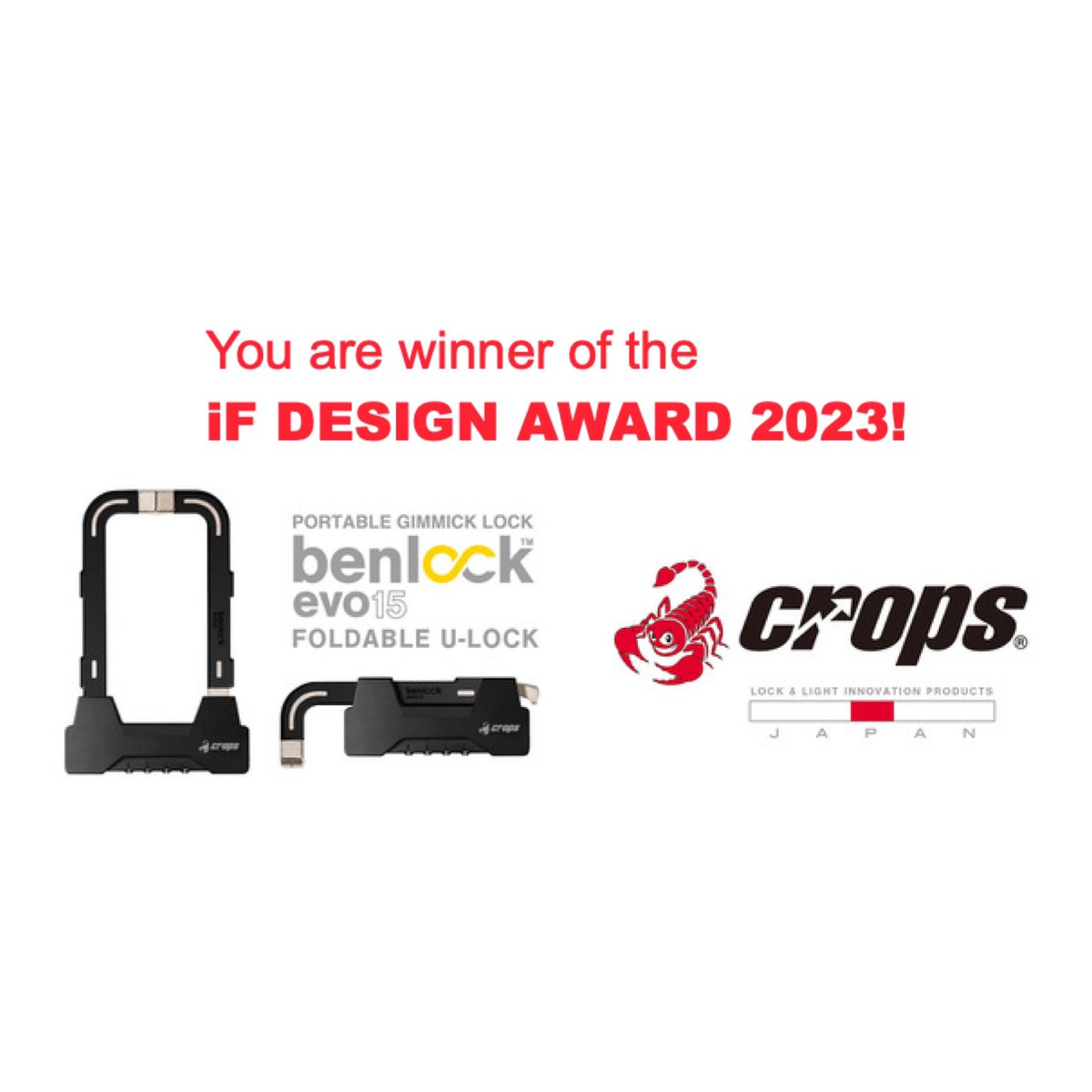 cropsjapan's tweet photo. 「BENLOCK」が、このたび、国際的に権威のあるデザインアワードのひとつiF DESIGN AWARDにおいて、デザイン賞「iF DESIGN AWARD 2023」をProduct「Bicycle」カテゴリにて受賞しましたので、お知らせいたします。
#crops #benlock #ifdesignaward #ifdesignaward2023 #ulock #foldablelocks #自転車 https://t.co/69nwB3Imnd