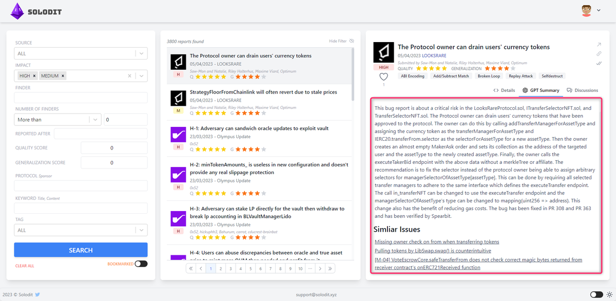 SoloditOfficial's tweet photo. @SoloditOfficial has introduced summary reports of past security findings using ChatGPT. Our advanced language model makes understanding issues faster and more accessible than ever. Try it out now! #cybersecurity #ChatGPT #Solodit https://t.co/fm1irOmREx