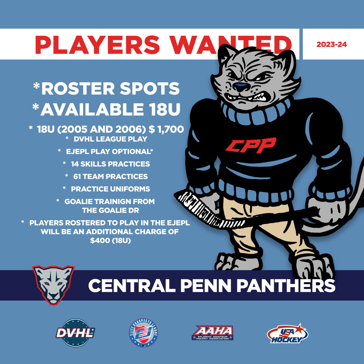 CPPhockey's tweet photo. 18U Tryout skates scheduled for tomorrow (April 15) at 2:30P has been postponed. The make up date is Wednesday April 19 at 7:00P. There are a few roster spots still available. For more information contact: info@centralpennpanthers.com https://t.co/xE0hIvmnW3