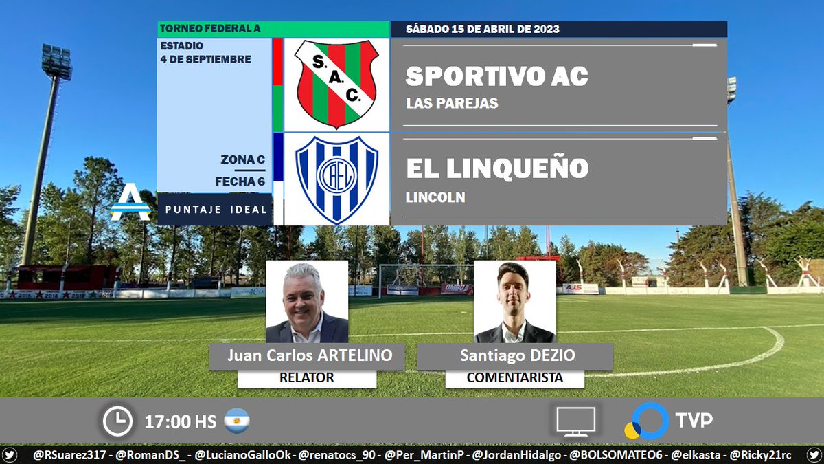 ⚽ #FederalA 🇦🇷 | #SportivoLasParejas vs. #ElLinqueño
🎙 Relator: @JCArtelino
🎙 Comentarista: @SantiDezio
📺 @TV_Publica
💻📱 tvpublica.com.ar y @SomosContar
🤳 #FutbolATP - #FederalAenTVP
Dale RT 🔃