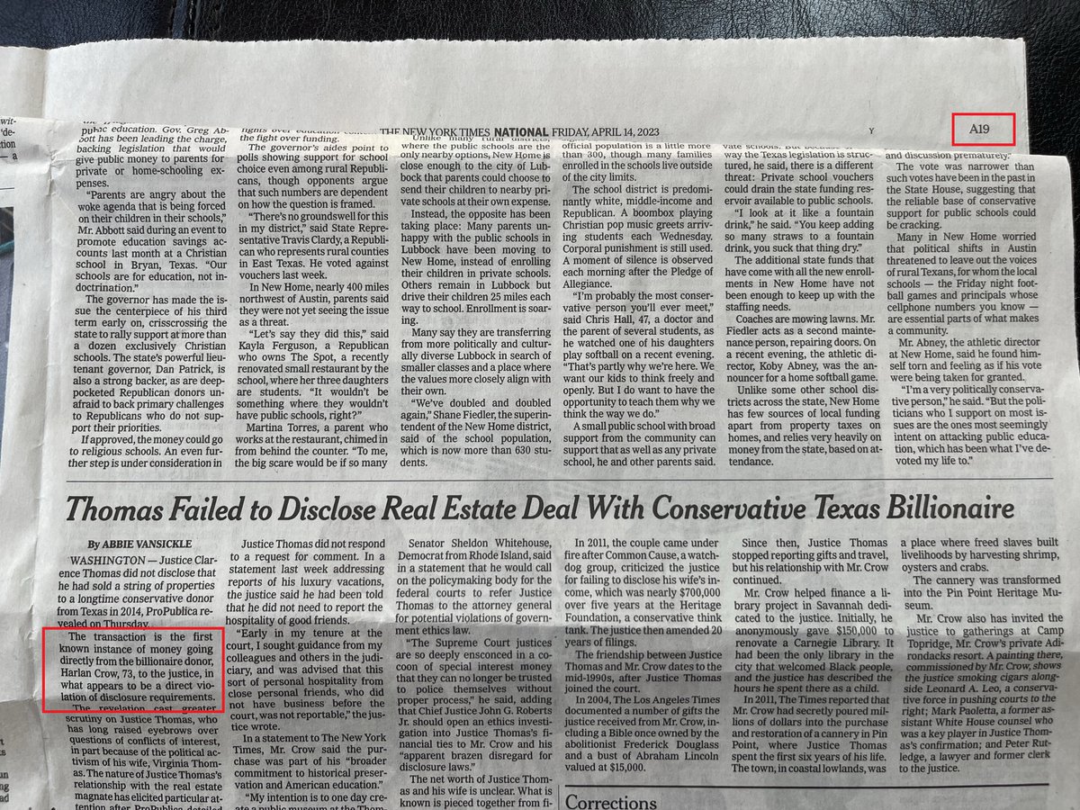 StuLevitan's tweet photo. Yes, the @nytimes put news of a Supreme Court Justice committing what is called "a direct violation of disclosure requirements" on page A-19.
Nineteen. Page 19. https://t.co/5gBaqtgBtJ
