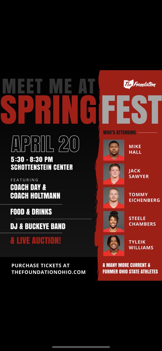 I call on all Buckeye fans to attend <a href="/TheFoundation1_/">THE Foundation</a> Spring Festival on April 20th at The Schott to support THE OSU Bball and Football athletes. Please purchase a ticket or table at THEFoundationohio.com under Spring Festival. This is the most important donation you can make!