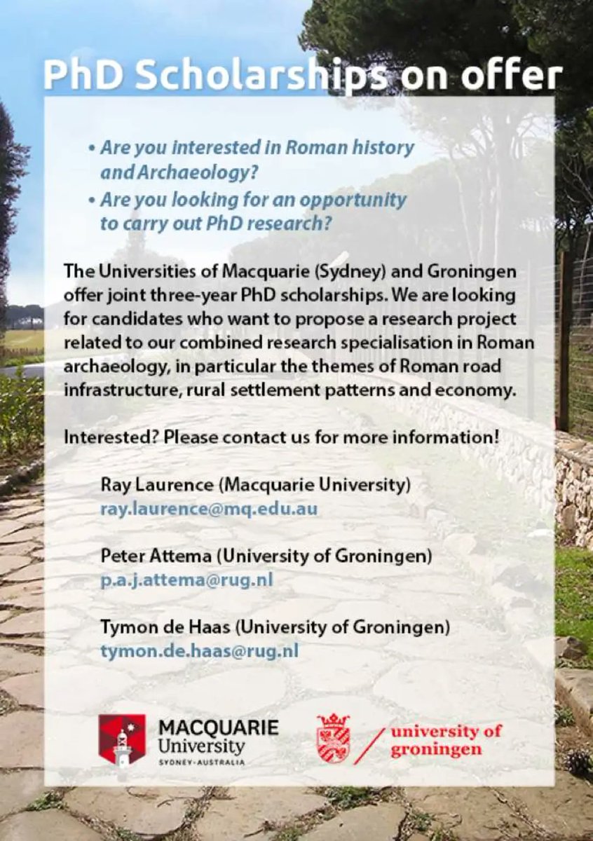 Joint PhD scholarships in Roman history and Archaeology between Macquarie University and University of Groningen 

@Macquarie_Uni @SPQR_MQ @univgroningen @GArchaeology @raylaurence1