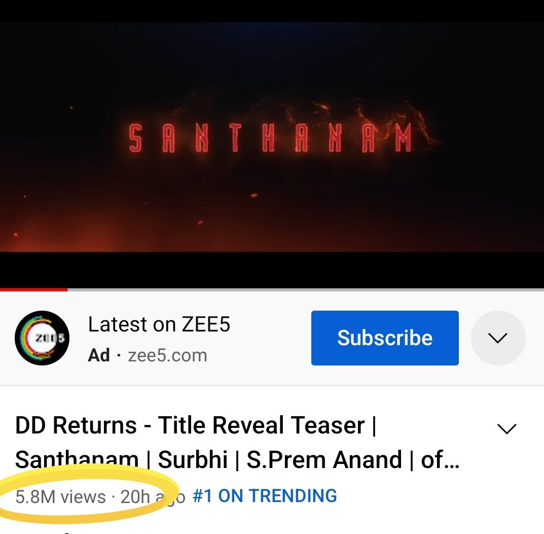 j5qqiVYLqbcS0G3's tweet photo. நேற்று நம் @iamsanthanam
அண்ணாவின் புதிய திரைபடத்தின் *Title Reveal Teaser* YouTube-யில் வெளியாகி 20-மணி நேரத்தில் 
#5_8MillionViews கடந்து #1_On_Trending-ஆக இருக்கிறது
விரைவில் திரையில் 
@KumaravelMKS https://t.co/PcS4xlBCGR