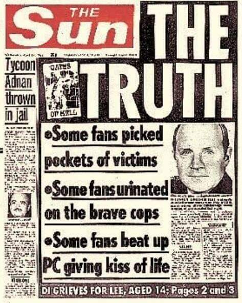 34 years ago today 96 people died at Hillsborough. Here's what low life scum rag the Sun had to say about the tragedy. Every one of its claims were proven to be untrue. 

#dontbuythesun