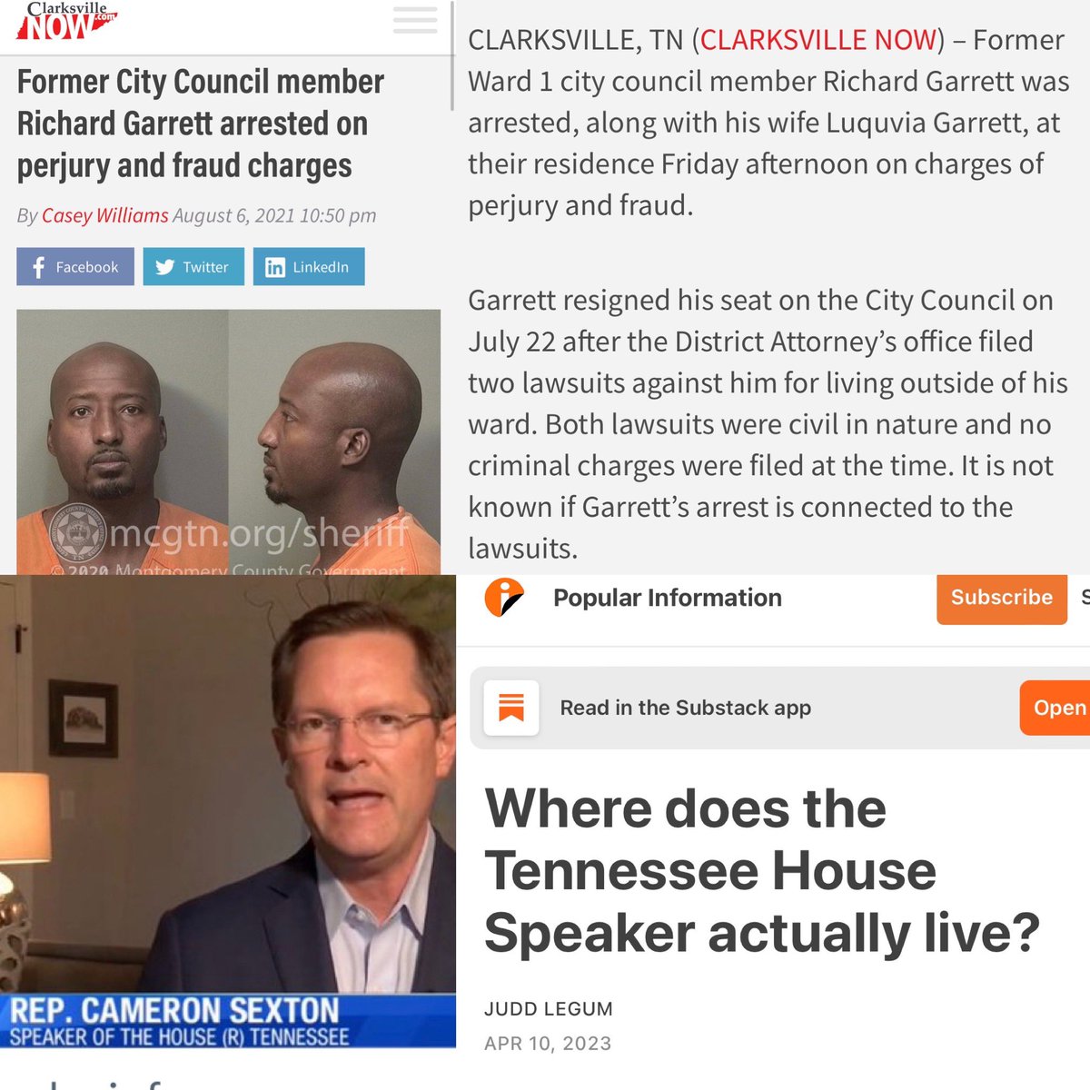 A CLARKSVILLE follerer points out Councilman Richard Garrett &amp; his wife were arrested for repping/voting in a district he didn’t live in.

Related: Speaker Sexton reps/votes in Crossville, allegedly lives in Nashville, per <a href="/JuddLegum/">Judd Legum</a>’s reporting. 
clarksvillenow.com/local/former-c…