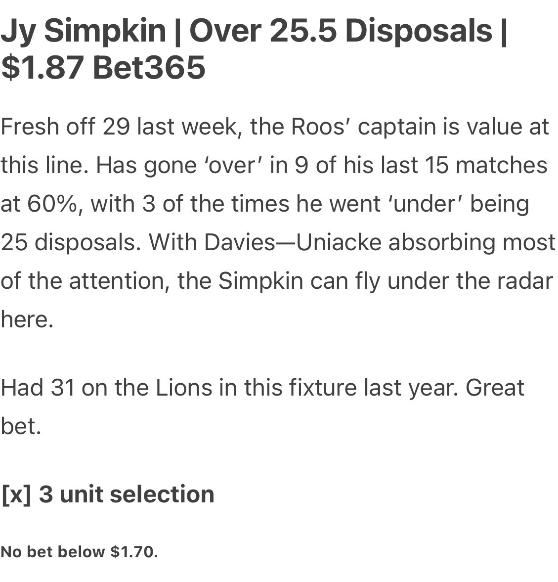 FlopsPicks's tweet image. 4 units total on Simpkin, starting in 30 mins 🔥 

#AFL