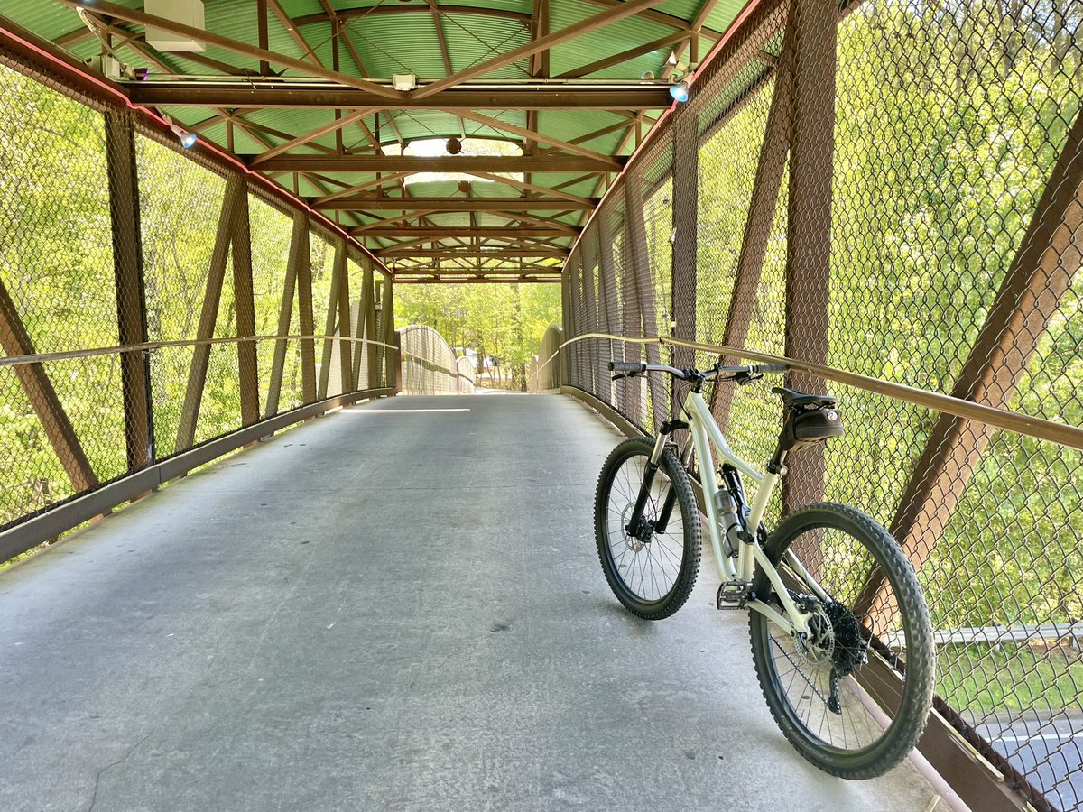 My bike leaning up on Peachtree City’s oldest path bridge — no cars allowed on this and over 100 miles of paths. Was heading out on another adventure.