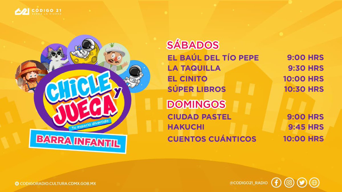 Aventuras, cuentos, recomendaciones, música y más; te esperan en #ChicleYJuega...

📆: Todos los sábados y domingos
⏰: De 09 a 11 hrs.
🎧: spreaker.com/show/codigo-21