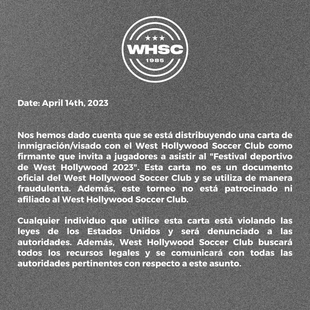 wehosoccer's tweet photo. The West Hollywood Soccer Club has become aware of a fraudulent immigration/visa letter being circulated using the club as a signatory inviting players to attend a “2023 West Hollywood Sports Festival.” https://t.co/MUbbOOvaUs