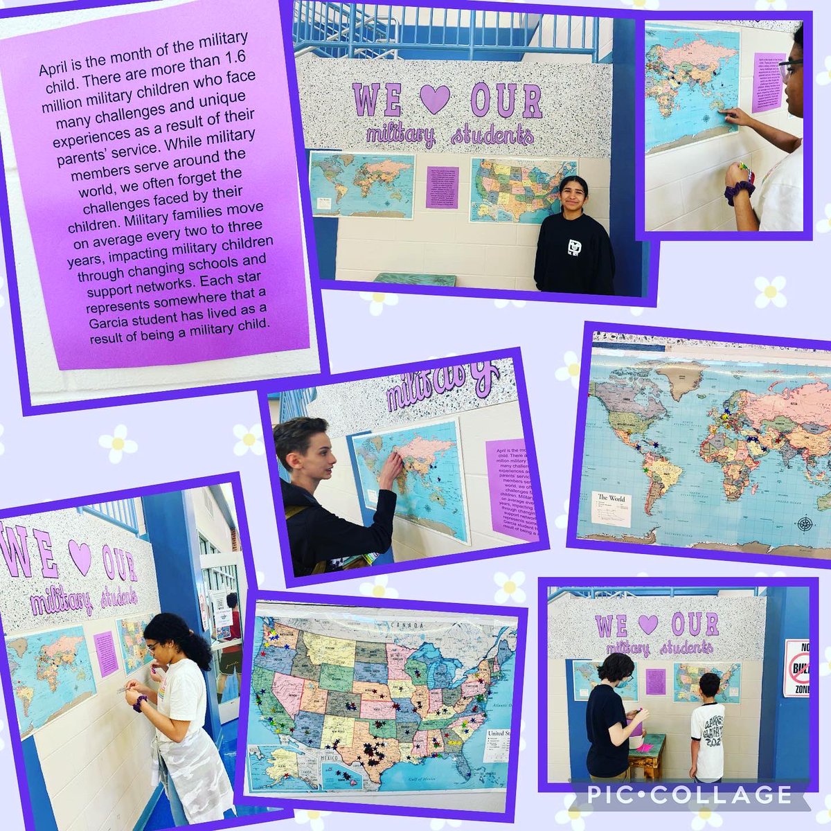 HGMSCounseling's tweet photo. Purple Up Day to show support for our military kids! We loved seeing our students plot out all of the places they have lived on the map! @nisdgarcia @rootedtexas #rootEDGarcia https://t.co/5nPIyB3BgD