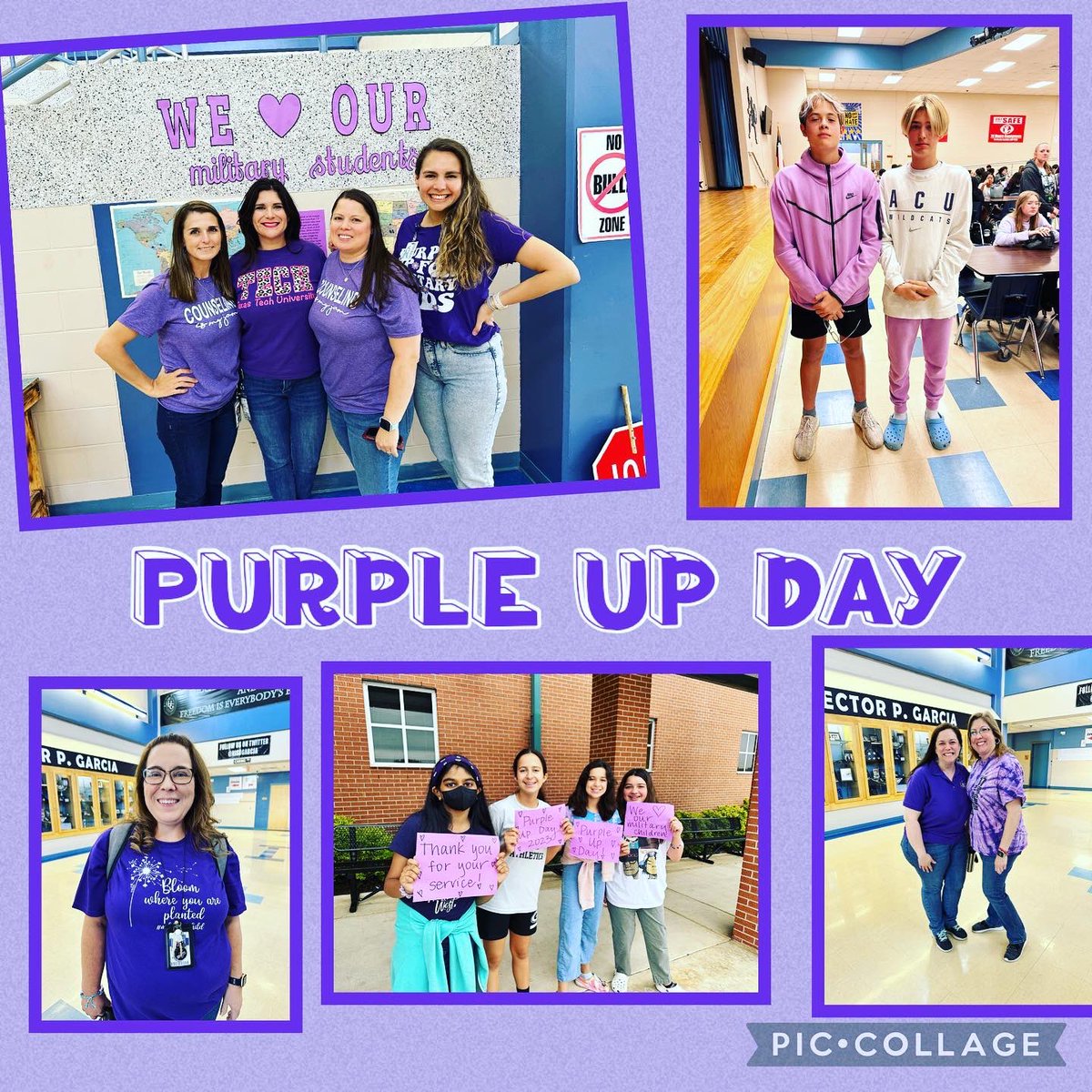 HGMSCounseling's tweet photo. Purple Up Day to show support for our military kids! We loved seeing our students plot out all of the places they have lived on the map! @nisdgarcia @rootedtexas #rootEDGarcia https://t.co/5nPIyB3BgD