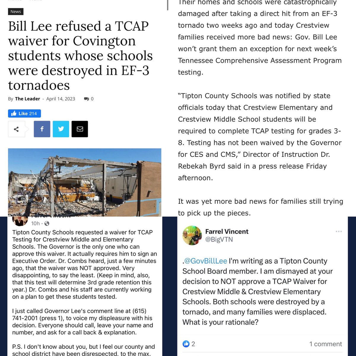 TIPTON COUNTY: “Their homes and schools were catastrophically damaged after an EF-3 tornado two weeks ago and today Crestview families received more bad news: <a href="/GovBillLee/">Gov. Bill Lee</a> won’t grant them an exception for next week’s TCAP testing.” 🤔 covingtonleader.com/news/bill-lee-…