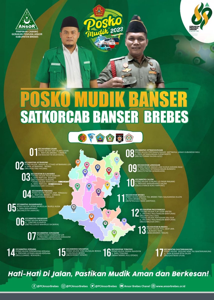 Posko Mudik Lebaran 2023 / 1444 H <a href="/PCAnsorBrebes/">#AnsorBanserBrebes</a> tersebar di 17 titik kecamatan se Kabupaten Brebes.

Bagi pemudik yang melintasi posko GP Ansor Brebes, silahkan bisa mampir untuk sekedar melepas lelah. 
#PoskoMudikBanser #AnsorBrebes