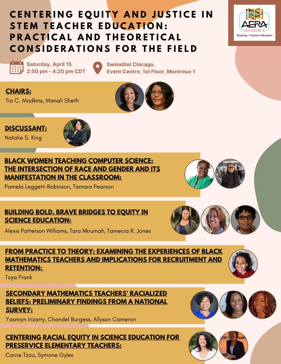 AERADivisionK's tweet photo. ⭐️💫Happy Saturday!🌟⭐️
Entering Equity &amp; Justice in Stem Teacher Education: Practical &amp; Theoretical Considerations for the Field
⏰2:50 pm - 4:20 pm CDT https://t.co/0WFx5OsMTj