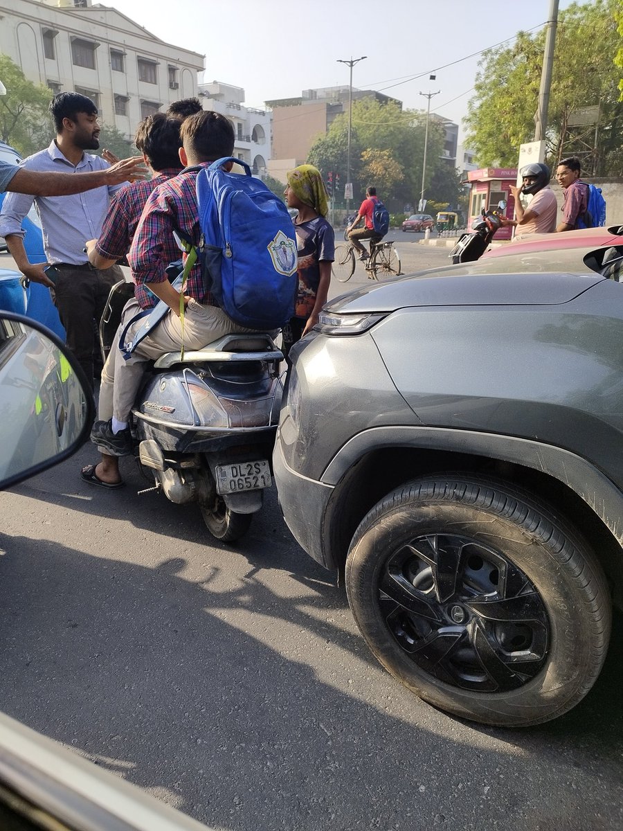 goritish's tweet photo. Just saw these school kids driving recklessly on the road . When asked to call their parents, they had a hundred excuses which included ' Bhaiya bache hi toh hai' 😂 https://t.co/McgALdlDY7
