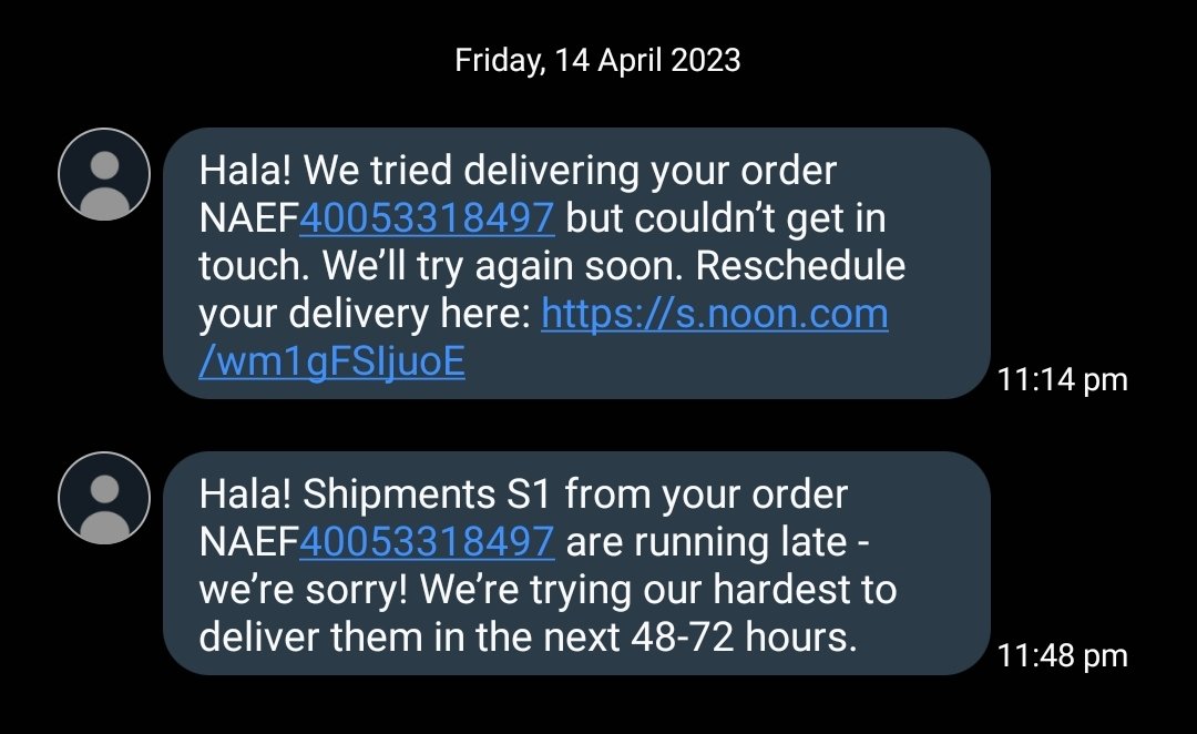 edicute05's tweet photo. @noon @noon_cares @noonUAE_ really noon? You calling and trying to deliver my order at almost 12 mn?! I waited the whole day for the package and you decided to bring it at almost 12mn?! And you even asked me to sign up for noon one where everything's supposed to be "express"? https://t.co/zFJug2YE1m