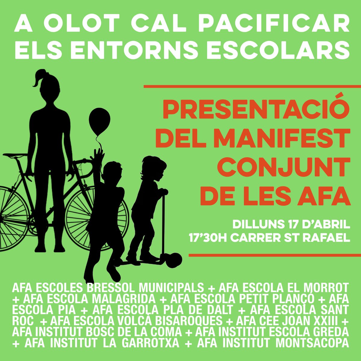 Un nou model d'#Olot saludable i que respongui a la crisi ecològica i energètica serà una ciutat amb entorns escolars segurs i lliures de cotxes i contaminació. Ens hi va la salut, la dels infants i la de tots. Proposem un ampli acord social i polític per fer-ho realitat. Ho fem?