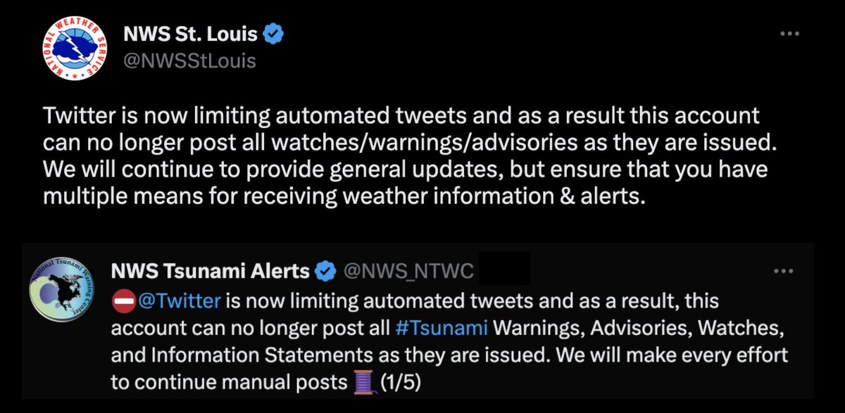 rawsalerts's tweet photo. 🚨#BREAKING: The National Weather Service and other organizations responsible for sharing alerts about severe weather events such as tornadoes, hurricanes, flooding, fires, etc., have faced challenges in disseminating warnings via Twitter due to newly enforced restrictions