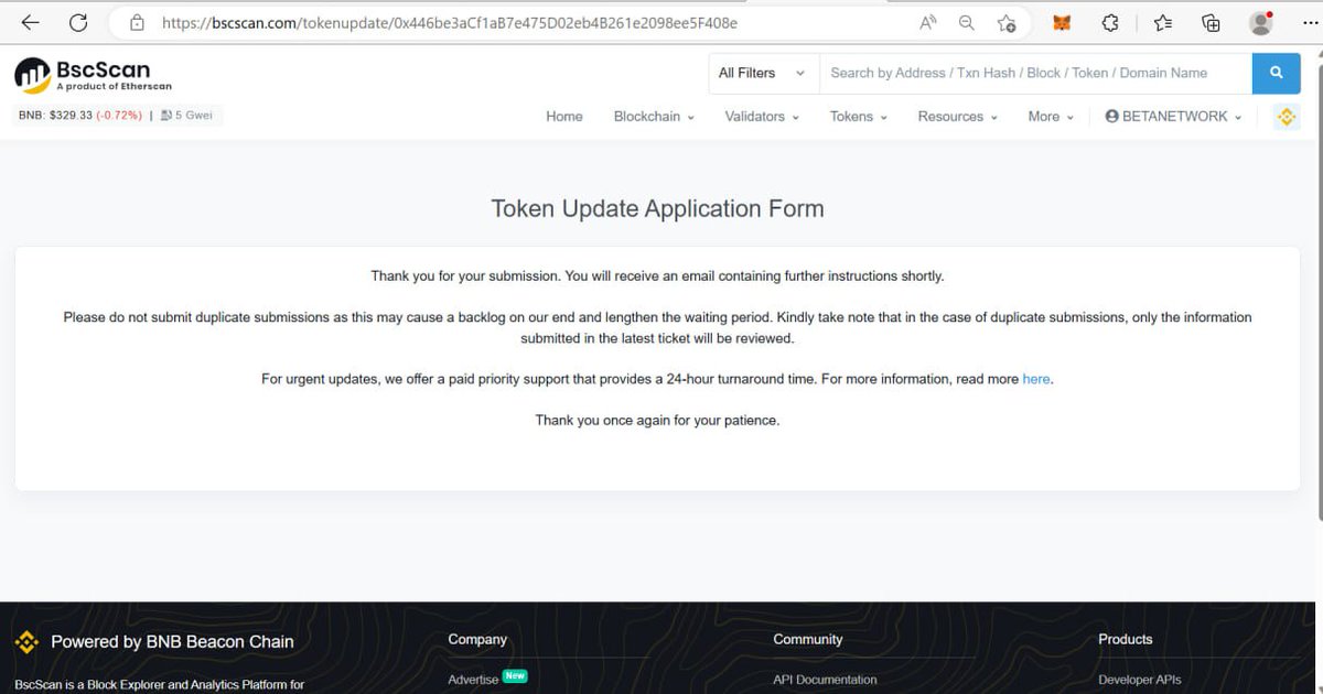 BetaNetworkOfc's tweet image. We have officially submitted our BSC Scan token update information. 

This is an exciting milestone for us as we continue to expand and enhance our goals. 

We appreciate your continued support and look forward to sharing more updates with you soon.