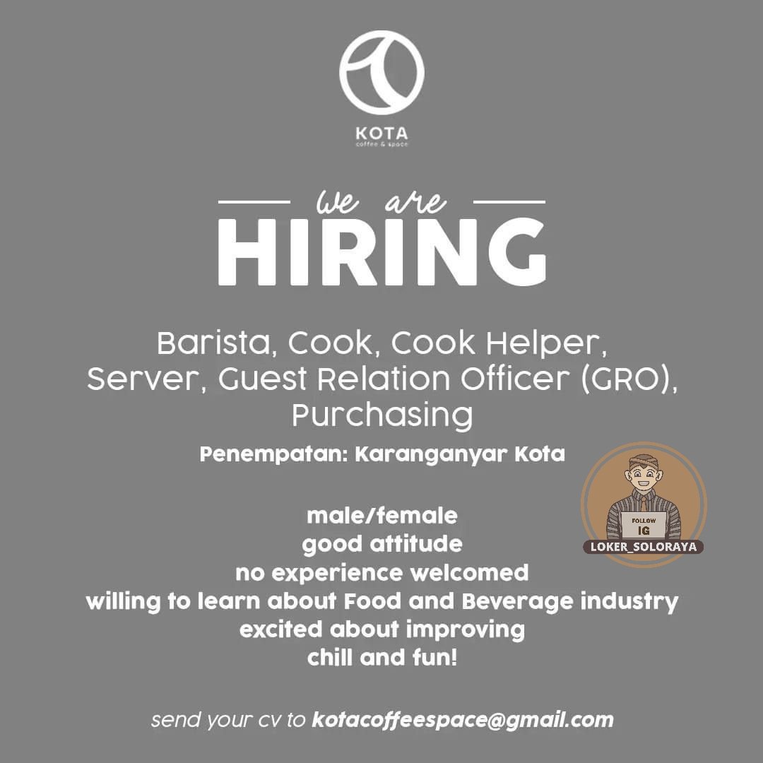 lokerdisoloraya's tweet photo. LOKER KOTA COFFEE
Jangan lupa follow @lokerkaranganyar.id dan aktifkan notifikasi
#lokerkaranganyar #infolokerkaranganyar
#lowongankaranganyar
#lokercot #lokerwonogiri #barista #cook #cookhelper #server #purchasing https://t.co/FoMtMeK5Vm