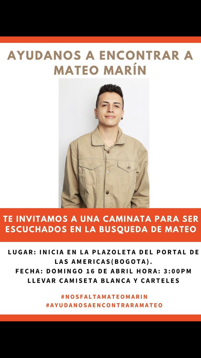 NIKOLAS9182's tweet photo. #NOSFALTAMATEOMARIN 
Por favor necesitamos de su ayuda necesitamos que nos escuchen nadie nos ayuda a encontrarlos 
Los invitamos a difundir y compartir necesitas ser escuchados para que mateo aparezca 
#claudialopez 
@ClaudiaLopez 
@FiscaliaCol 
@PoliciaBogota 
@petrogustavo https://t.co/v8c0XNdcw4