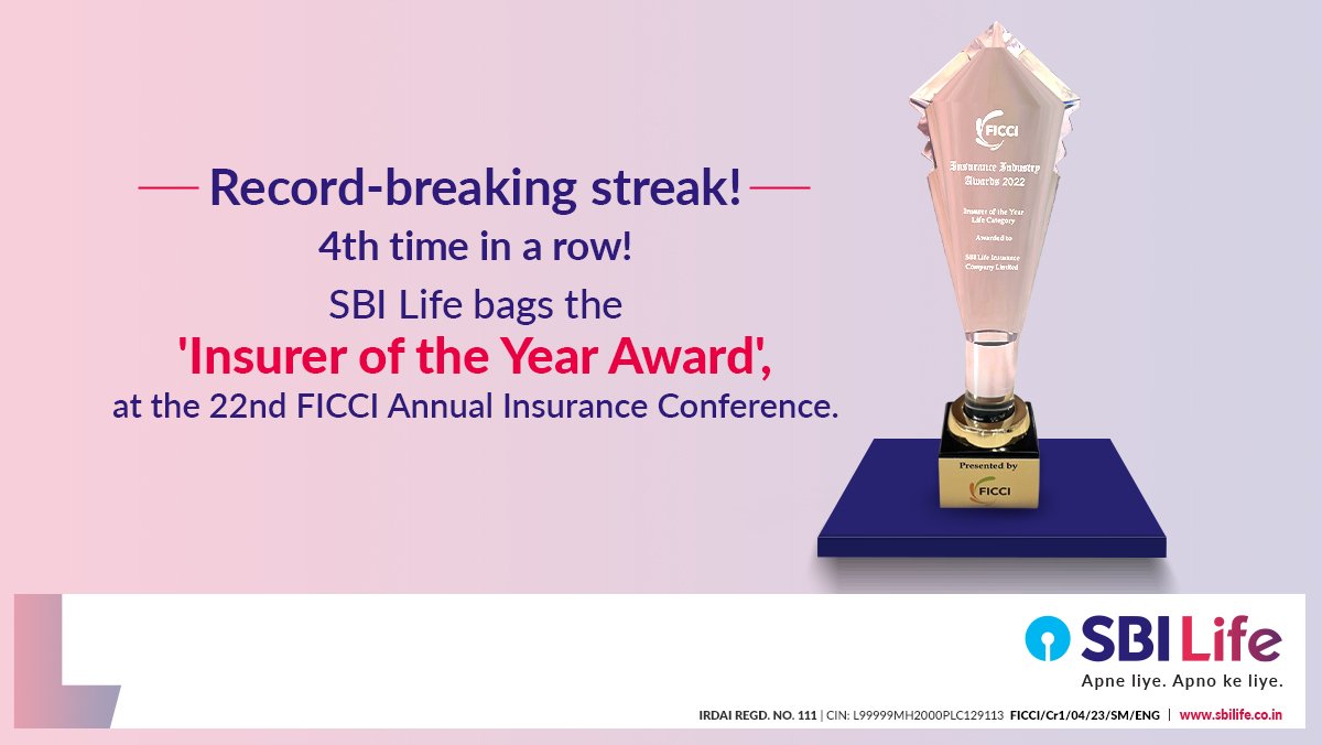 SBILife's tweet photo. We are overwhelmed to achieve the award for the 4th consecutive year and would like to extend our gratitude to all our stakeholders whose unwavering commitment to excellence has contributed to the achievement of this milestone. #FINCON2023 #FICCI #Awards https://t.co/BsJA5Lgr9T