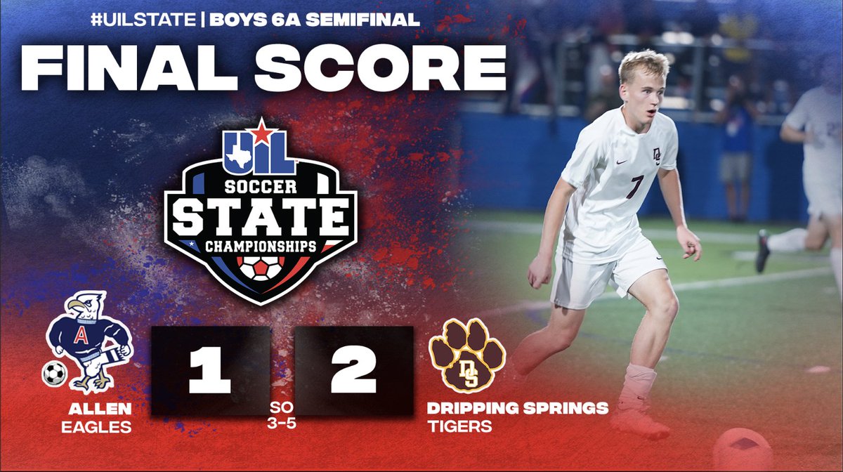 uiltexas's tweet photo. #UILState Boys Soccer 6A Semifinal FINAL SCORE:    

⚽️🥅 SHOOTOUT
Allen @AllenHS_Eagles 1️⃣
Dripping Springs @DSSoccer_Boys 2️⃣

Box Score ➡️ https://t.co/sqNE4logc8 https://t.co/aHrLHA99Sv