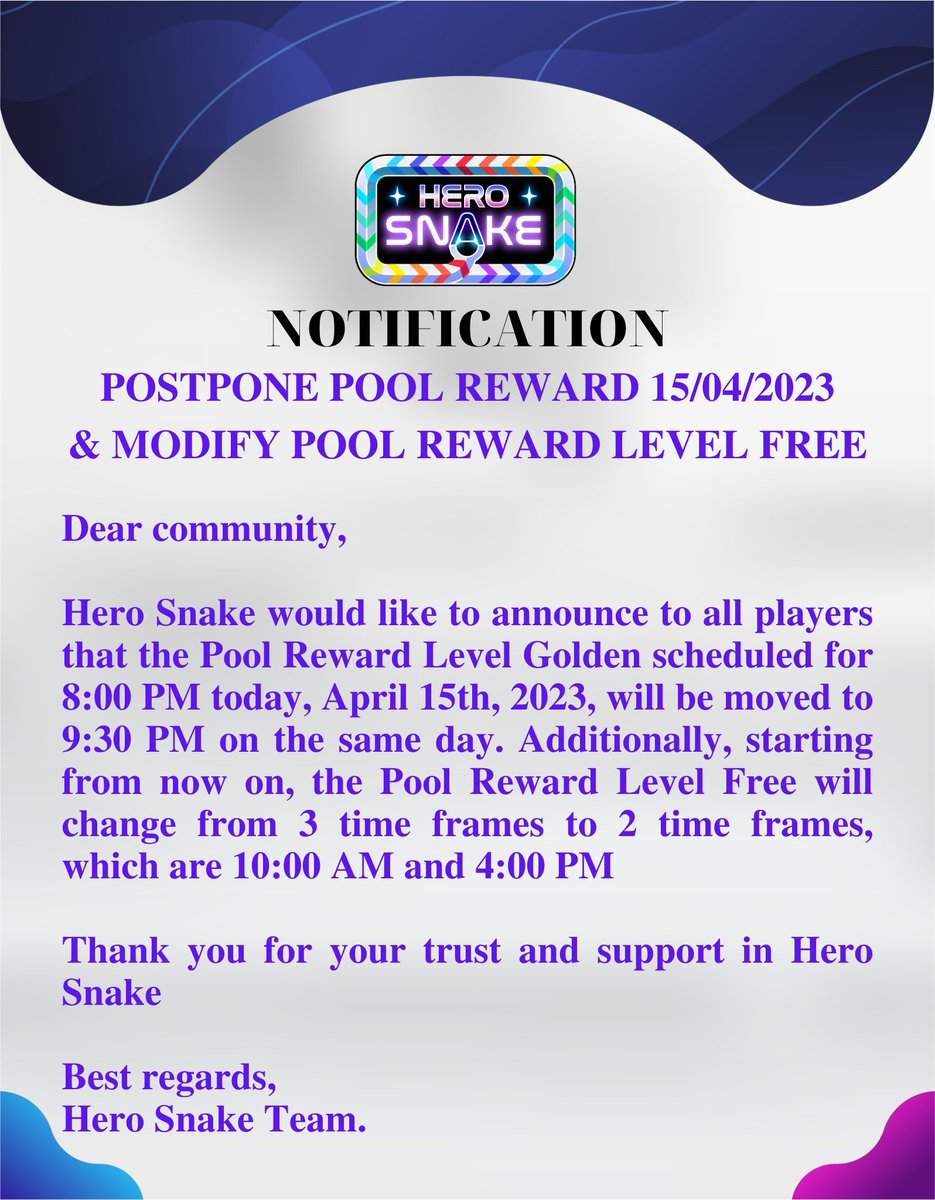 💥 NOTIFICATION 💥
⚡️ POSTPONE POOL REWARD 15/04/2023 &amp; MODIFY POOL REWARD LEVEL FREE⚡️