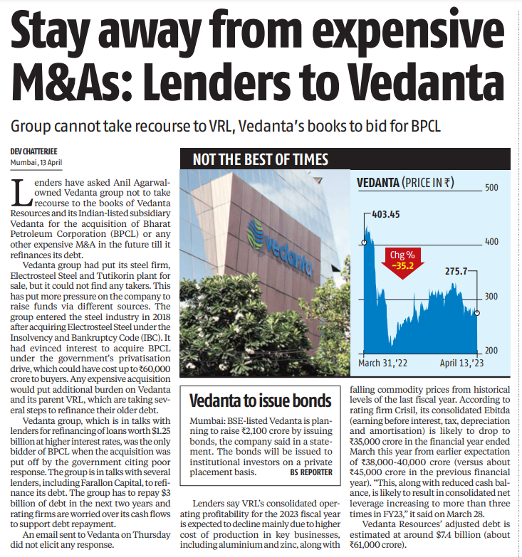 MAPATWARDHAN's tweet photo. Stay away from expensive M&amp;As: Lenders to Vedanta
#India #Vedanta #BPCL #acquisition #raise #debt #fund #bonds #lener #ElectroSteel #bankruptcy #refinance #Tutikorin #Aluminium #Zinc #CRISI #rating #earning #markets @ParagonWorli18 https://t.co/4bpohYy2T2