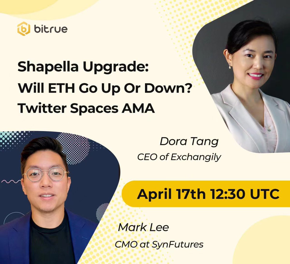🥳 Bitrue x Ethereum Special | Shapella Upgrade = ETH ⬆️/⬇️?  | Join &amp; Share 100 $USDT

⏰ Time: 13:00 UTC, 17 Apr

🔹 Follow <a href="/BitrueOfficial/">Bitrue</a>
🔹 Like, RT &amp; Tag 3
🔹 Enter forms.gle/YjrMTjMVQTy5aJ…

📍Reminder x.com/i/spaces/1mrGm…