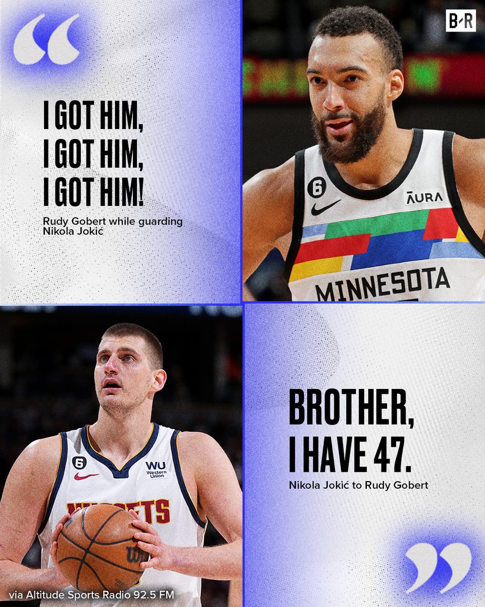 BleacherReport's tweet photo. A legendary moment between Jokić and Gobert in 2021 😂

Wolves face the Nuggets in Round 1 👀 https://t.co/lTIVmpXm4I