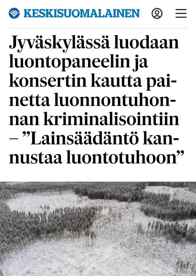 Tänään tulossa upea konsertti ja paneelikeskustelu, <a href="/ksmlfi/">Keskisuomalainen</a> kirjoitti jo etukäteen, kiva!
Otsikko vähän pieleen, <a href="/luontopaneeli/">Luontopaneeli</a> on eri asia, meillä on luontoaiheinen paneelikeskustelu. <a href="/AlliPylkko/">Alli Pylkkö</a> <a href="/MikkonenKrista/">Krista Mikkonen</a> <a href="/PekkarinenMauri/">Mauri Pekkarinen</a> <a href="/JYU_WISDOM/">@JYU_Wisdom</a> <a href="/LawEcocide/">Ecocide Law Finland</a>
ksml.fi/paikalliset/58…