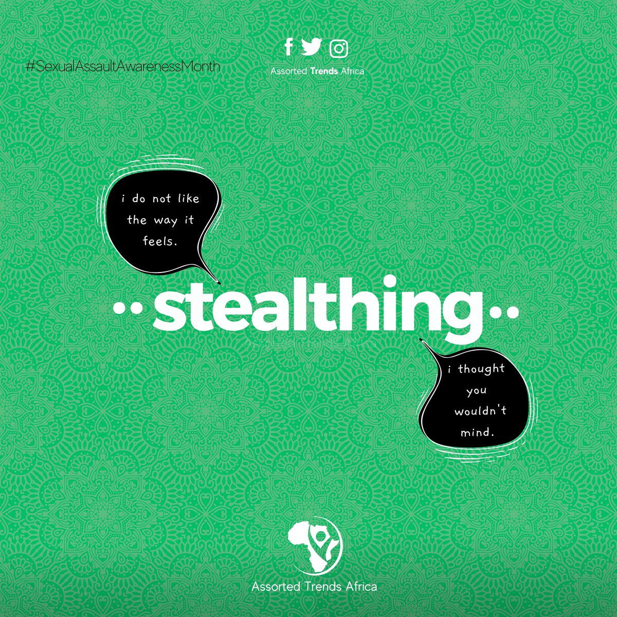 AssortedAfrica's tweet photo. When someone removes a condom during sex without you knowing they are changing the activity to one you haven't consented to.STEALTHING is rape
#NOtosexualviolence
#NOtoassault
#sexualassaultawarenessmonth https://t.co/3y8uq6mQRs