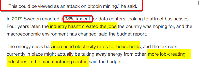 intel_jakal's tweet photo. @CoinDesk @egreechee Sweden: A reversal of a tax cut as it didn't create the jobs the tax cut was intended to stimulate.

Bros: its an attack on bitcoin mining. 

Sweden: households are paying more. Electricity incentives could be used for more job creating industries.

Bros: its an attack. https://t.co/IcY3L6y71o