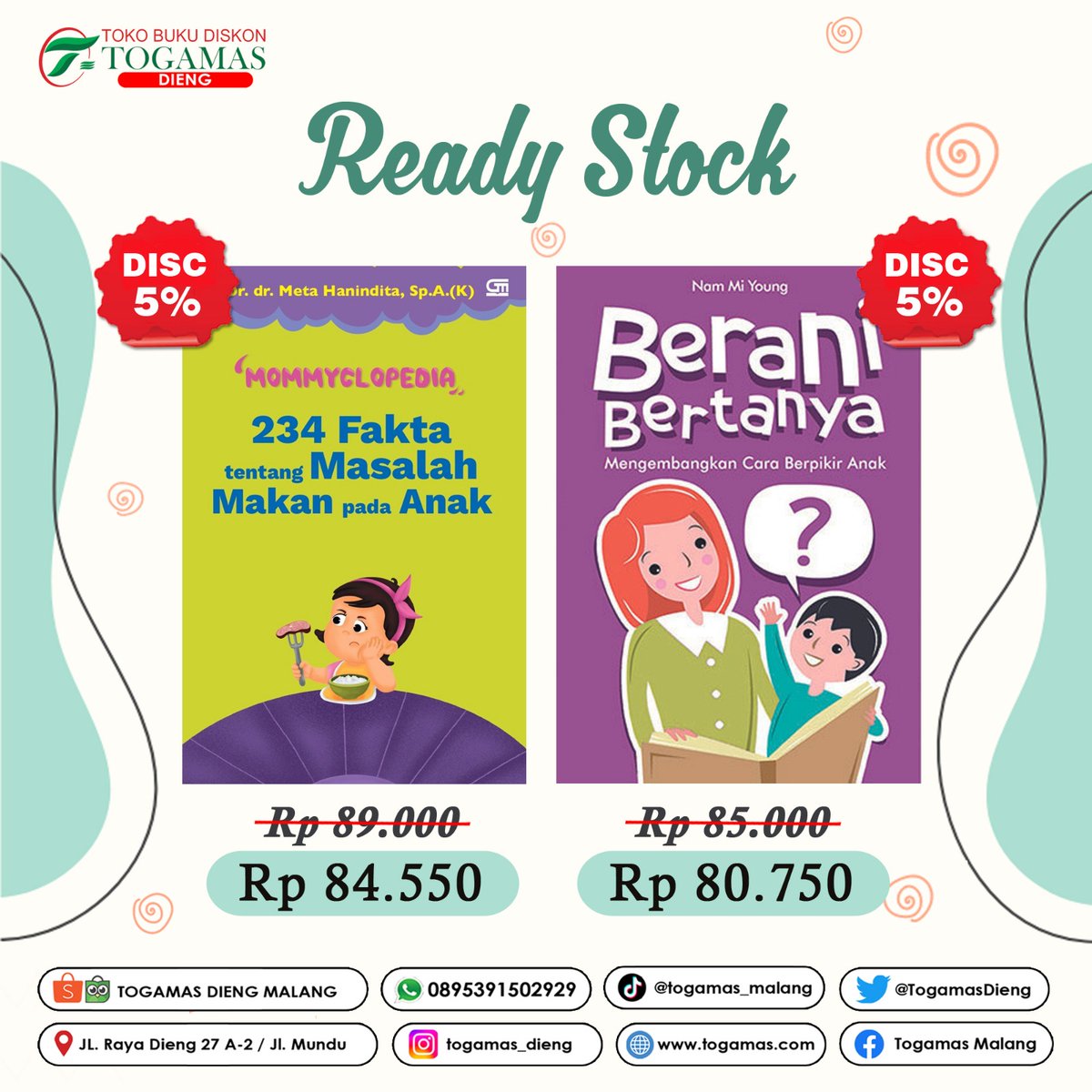 TogamasDieng's tweet photo. 🌟Ready Stock🌟

"Mommyclopedia: 234 Fakta Tentang Masalah Makanan Pada Anak"-dr. Meta Hanindita
"Berani Bertanya"-Nam Mi Young

#togamasmalang
#togamasdiengmalang
#tokobukubergaransi
#pastioriginal #234faktatentangmasalahmakanpadaanak #beranibertanya #drmetahanindita #nammiyoung https://t.co/t3PoJd6qoY