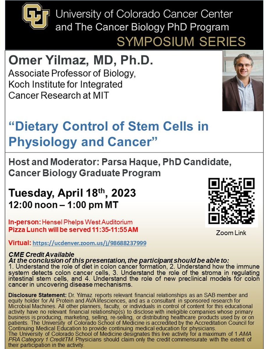 CU Anschutz Cancer Biology Graduate Program (@cucancerbio) on Twitter photo Please join us for our next joint Cancer Center-Cancer Biology Graduate Program Seminar on Tuesday! Dr. Omer Yilmaz will talk about dietary control of stem cells in cancer. Moderated by <a href="/parsa_haque/">Parsa Haque</a> in the <a href="/arianne_theiss/">Arianne Theiss</a> lab. #BestYouCANB Please join us for our next joint Cancer Center-Cancer Biology Graduate Program Seminar on Tuesday! Dr. Omer Yilmaz will talk about dietary control of stem cells in cancer. Moderated by <a href="/parsa_haque/">Parsa Haque</a> in the <a href="/arianne_theiss/">Arianne Theiss</a> lab. #BestYouCANB