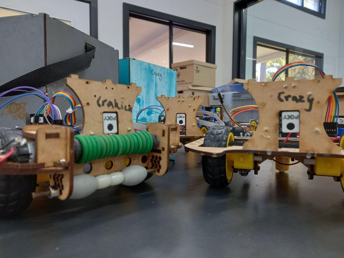 Meet Crazy and Kraken, two soccer robots from Camden Haven High School that competed last year in the NSW State Comp! Using Arduino, they can see the soccer ball using Pixy2 cameras, and dribble the ball with an attached motor on the side.