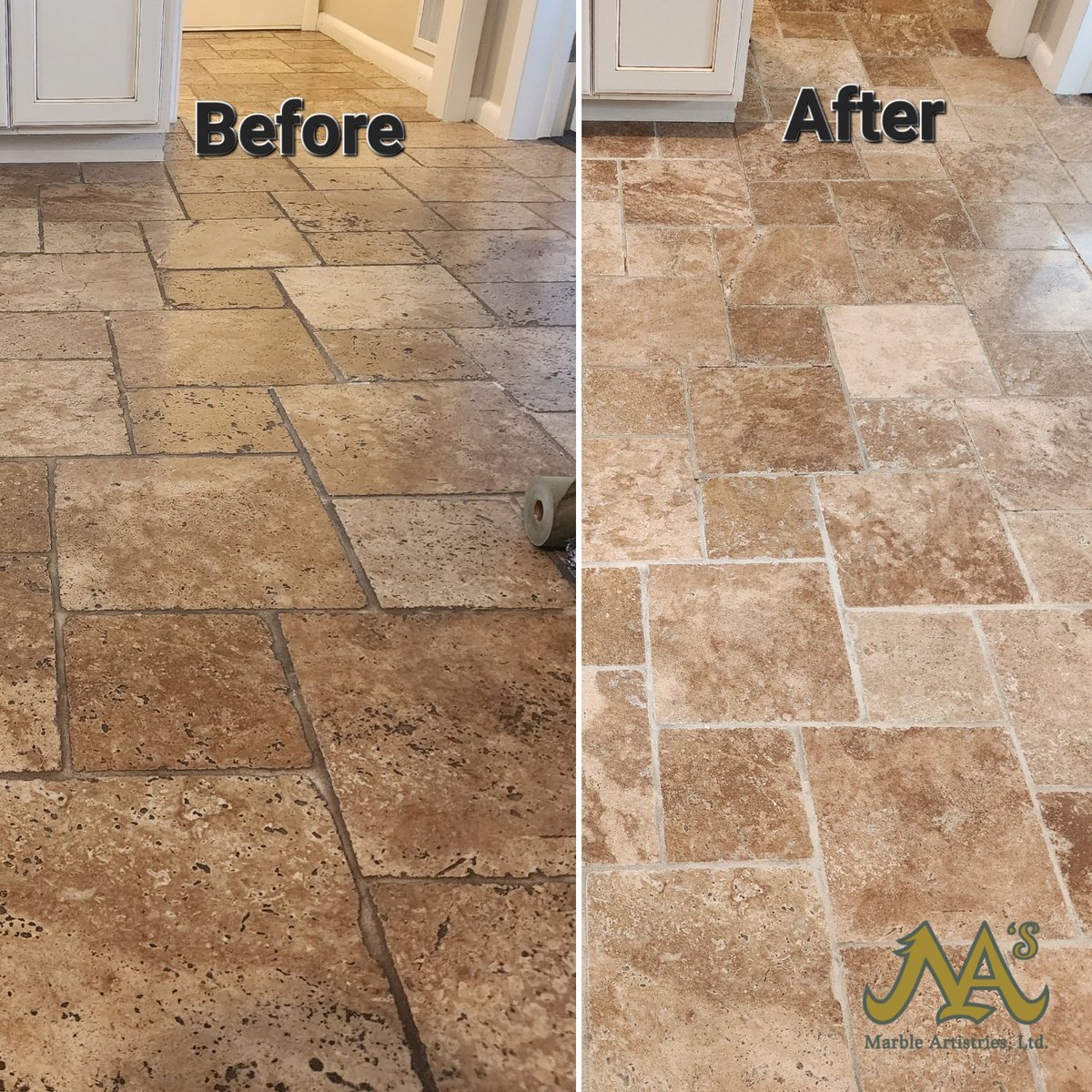 Before &amp; After on a beautiful Travertine Stone floor.