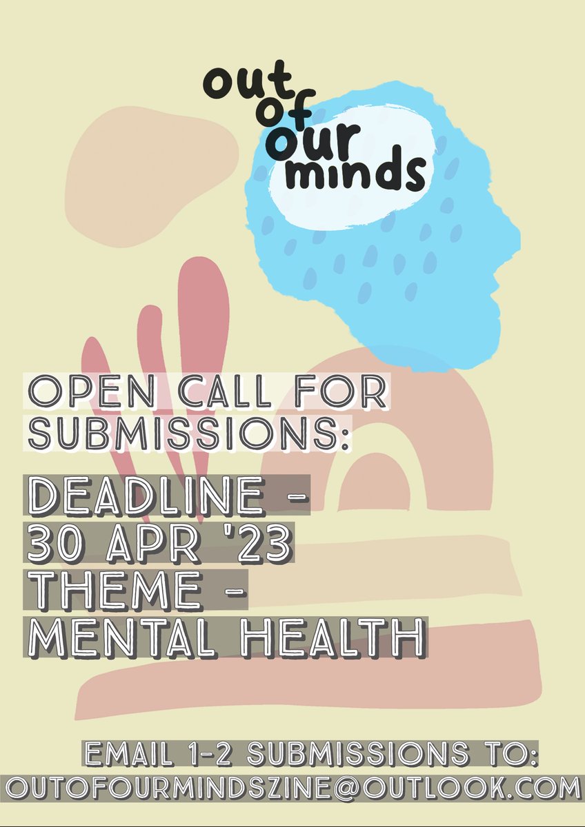 mud (@mud_the_kid) on Twitter photo OPEN CALL - <a href="/mentalinkness/">🧠🎨 ✏️mental inkness✏️🎨🧠</a> is producing a zine with YOUR submissions! we accept poetry, visual art, short stories & creative non-fiction.
Out of Our Minds is a collaborative zine project themed around mental health.
DM or comment for more info! OPEN CALL - <a href="/mentalinkness/">🧠🎨 ✏️mental inkness✏️🎨🧠</a> is producing a zine with YOUR submissions! we accept poetry, visual art, short stories & creative non-fiction.
Out of Our Minds is a collaborative zine project themed around mental health.
DM or comment for more info!