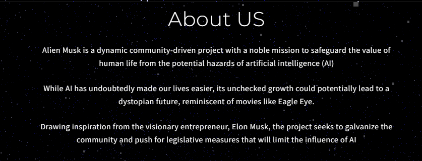 Alien Musk is a dynamic community-driven project with a noble mission to safeguard the value of human life from the potential hazards of artificial intelligence (AI) #ALMUSK
