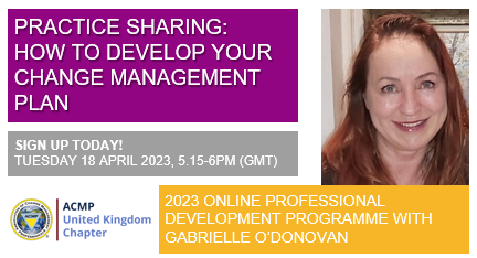 acmp_ukchapter's tweet photo. We would love to have you join us and share your practice. Sign up today for our webinar this Tues, 18 April, 5.15-6pm (GMT)
https://t.co/OOzJbapLVu
Join Gabrielle O’Donovan for a practical discussion sharing tools and learnings. 
#ACMP #ACMPUK #CCMP #Change #Management https://t.co/dBMOgntITc