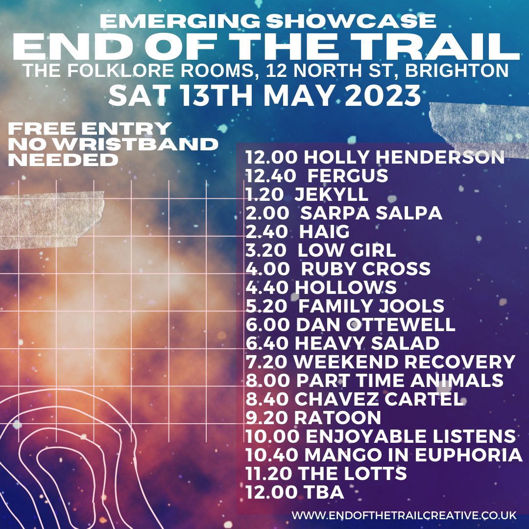 LOVE BRIGHTON. 13th May. Emerging Showcase. Fringe of Great escape. @endof_thetrail FREE ENTRY #endoftrailcreative #greatescapefestival #Brightongigs #gigsbythesea