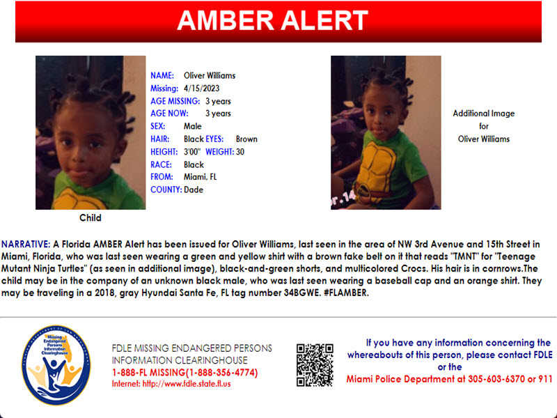 fdlepio's tweet photo. A Florida AMBER Alert has been issued for Oliver Williams, a blk male, 3 y/o, 3 ft, 30 lbs. blk hair, brn eyes, last seen near NW 3rd Ave and 15th St in Miami. May be traveling in a 2018, gray Hyundai Santa Fe, FL tag number 34BGWE. Contact Miami PD at 305-603-6370 or 911. https://t.co/lJas09VAdY
