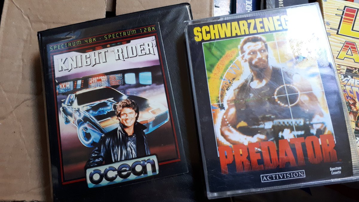 2hrTV's tweet photo. In the loft. Spectrum games based on film and TV. Knight Rider, Predator, Rambo, Top Gun #InTheLoft #Spectrum #retrogaming #retrogames https://t.co/9OloM00V4r