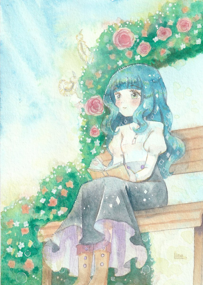 1girl solo flower sitting book long hair boots  illustration images